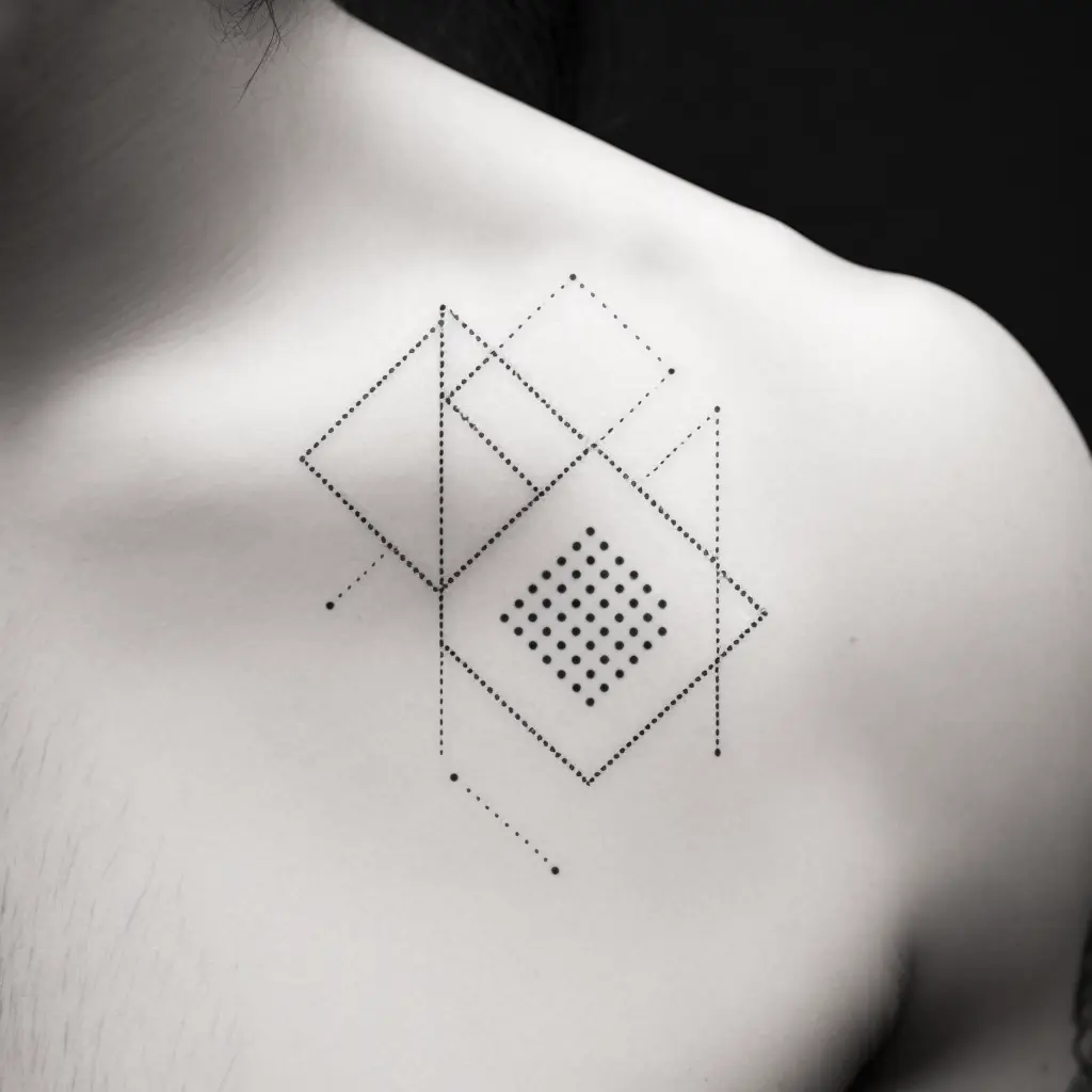 minimal tattoo, symmetrical, line, dots, square, black, design, on the paper